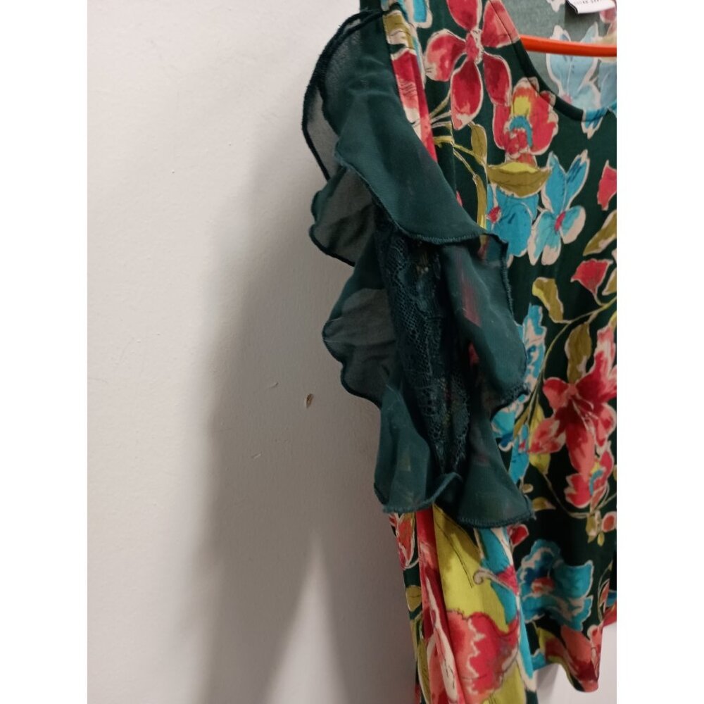 Susan‎ Graver Top Womens Size XL Floral Liquid Knit Ruffle BOHO Garden Fairy - Picture 4 of 11
